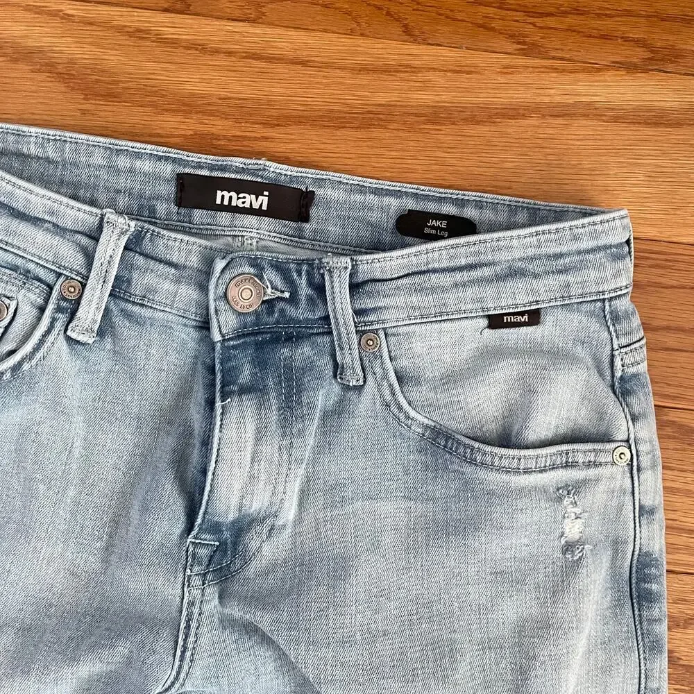 Mavi Jake Slim Jeans Mens 29x32 Light Wash Distressed Blue Denim actual 29x31